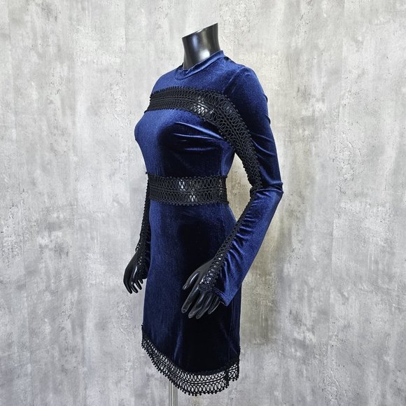 Free Generation LA Womens M Blue Velvet & Black Peekaboo L/S Mockneck Mini Dress - Picture 5 of 9